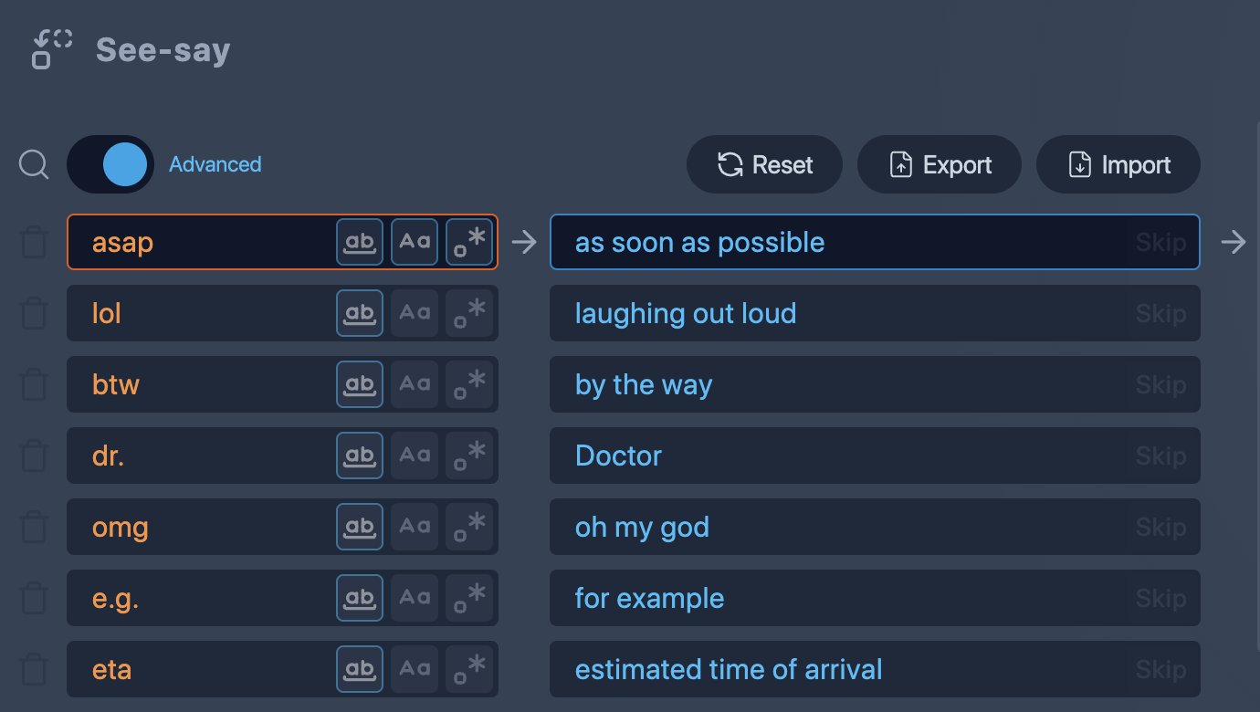 Screenshot of See-Say interface with Advanced mode activated, showing matching options (Whole Word, Case Sensitive, Regex) for each pronunciation rule