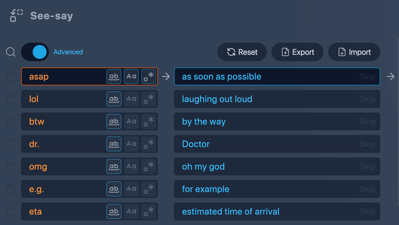 Screenshot of See-Say interface with Advanced mode activated, showing matching options (Whole Word, Case Sensitive, Regex) for each pronunciation rule