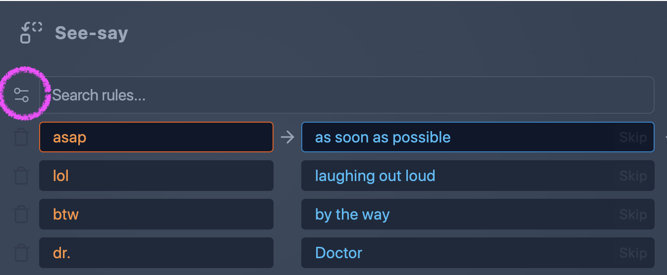 Screenshot showing how to activate Advanced mode by clicking the toggle button to the left of the search field in See-Say