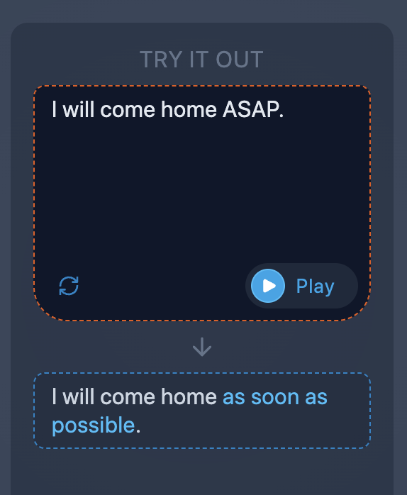 Screenshot of the Try It Out feature in See-Say Advanced mode, showing how to test pronunciation rules before applying them