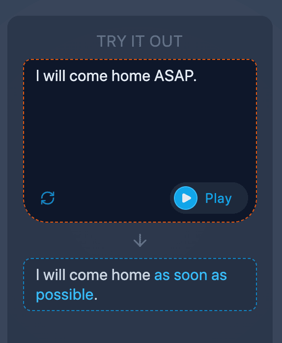 Screenshot of the Try It Out feature in See-Say Advanced mode, showing how to test pronunciation rules before applying them